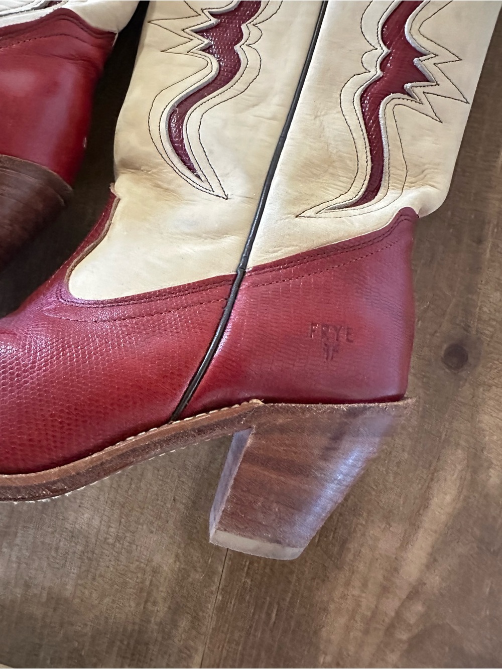 Frye Two-Tone Cream and Burgundy Leather Western Boots - Picture 2 of 6